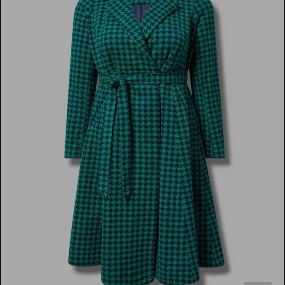 Green Houndstooth Belted Coat - Picture 3 of 6